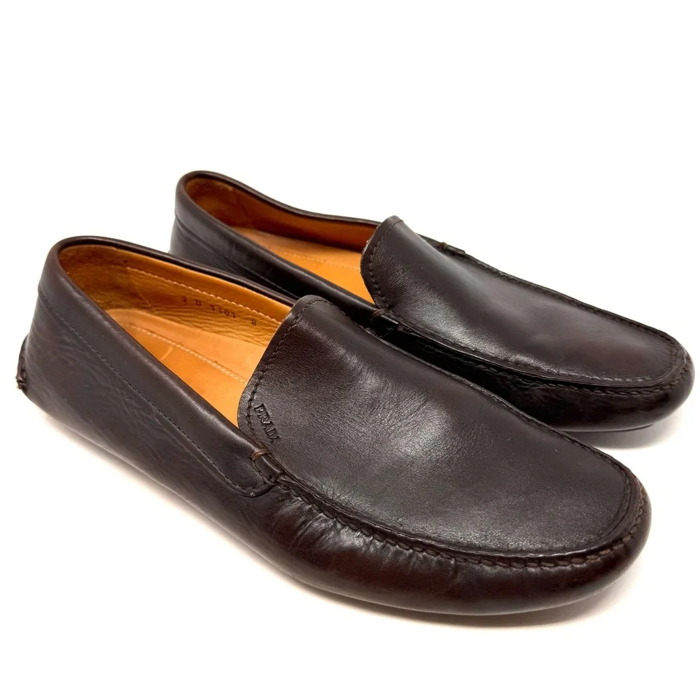 Prada Mens‎ 2D 1101 Dark Brown Leather Driving Moccasins  Mocs Loafers Shoes 8